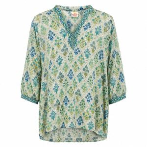 Mod's Mahal Cotton Floral Block Print Tunic Top Green Blue XL Boho Split Neck